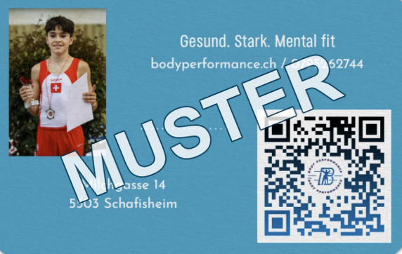 Muster der BodyPerformance-6er-Karte mit Sportmotiv und deutlichem MUSTER-Aufdruck.