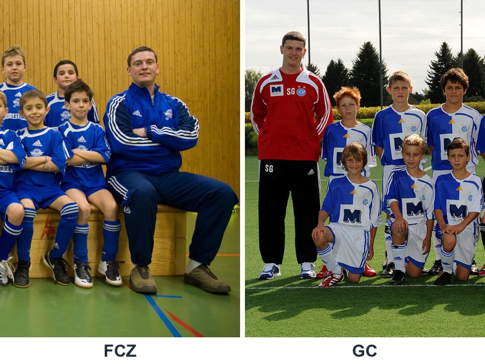 Historische Teamfoto-Collage: Sascha Göbl mit FCZ-Junioren links und GC-Junioren rechts.